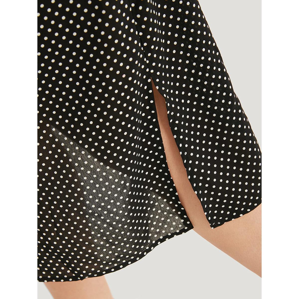 Plus Size Polka Dot Notched Split Hem Button Through Roll Sleeve Dress BlackFlower Women Office Belted Notched collar Short sleeve Curvy Midi Dress BloomChic 14-16/1X Product Image