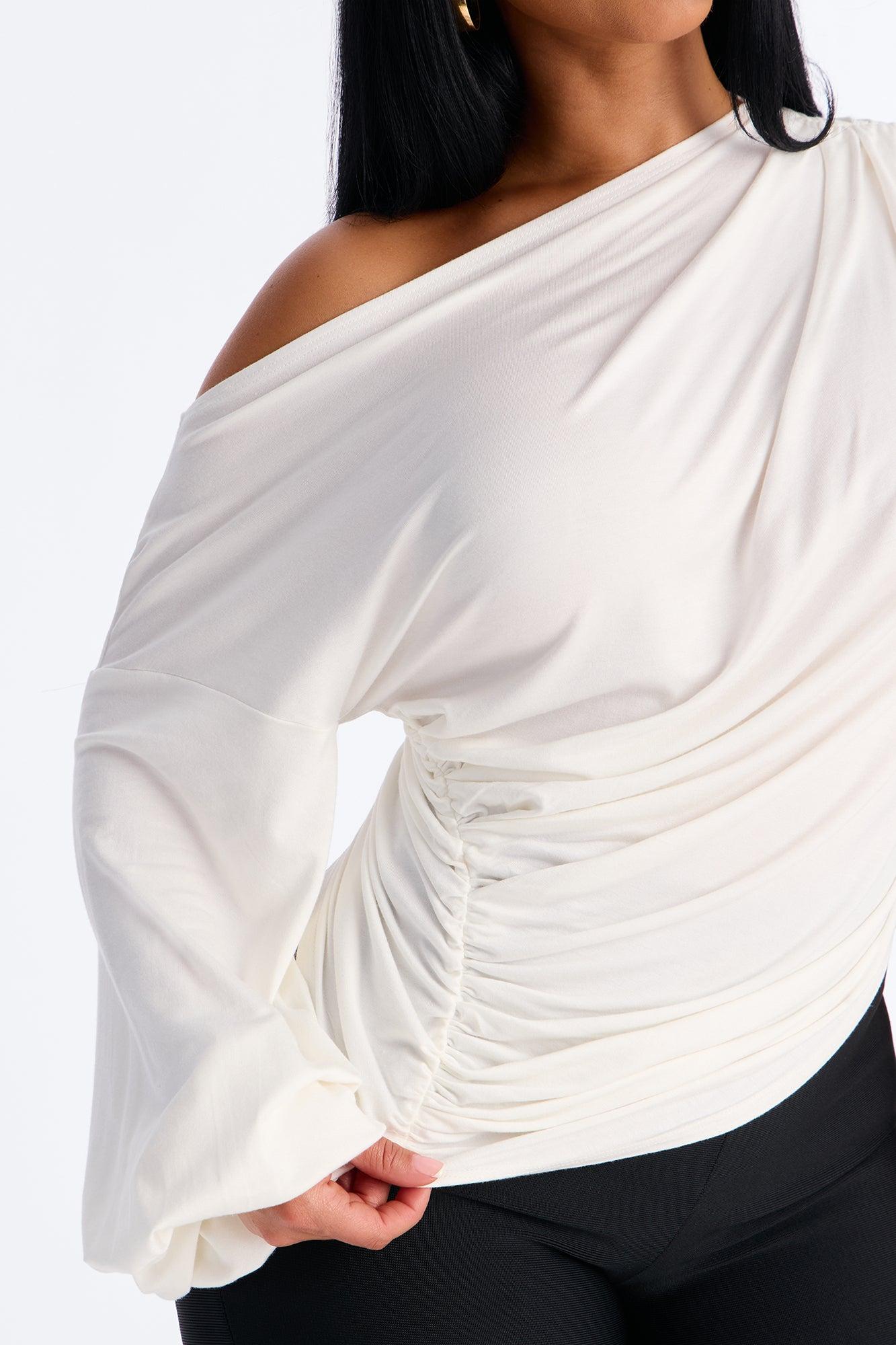 Misha Off Shoulder Ruched Long Sleeve Top - White Female Product Image