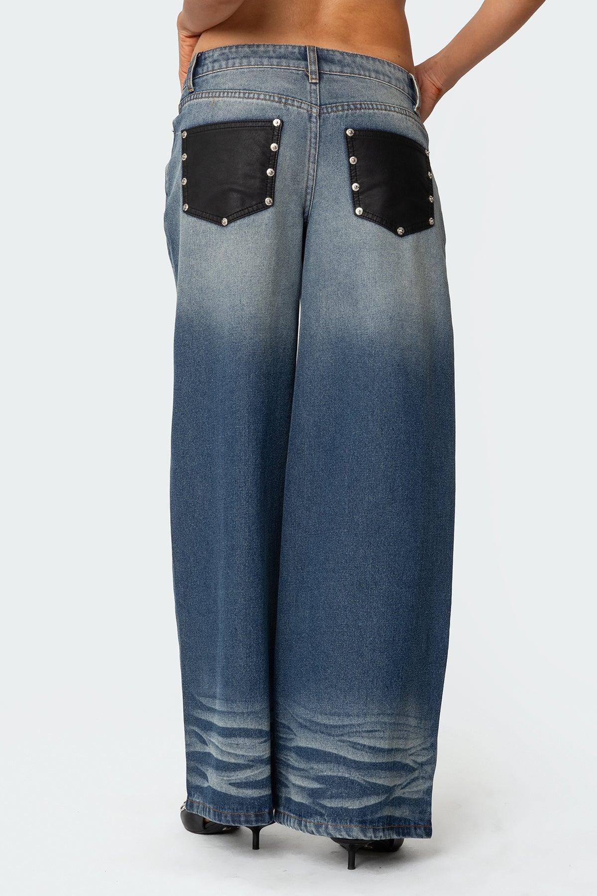 Faux Leather Pocket Low Rise Baggy Jeans Product Image