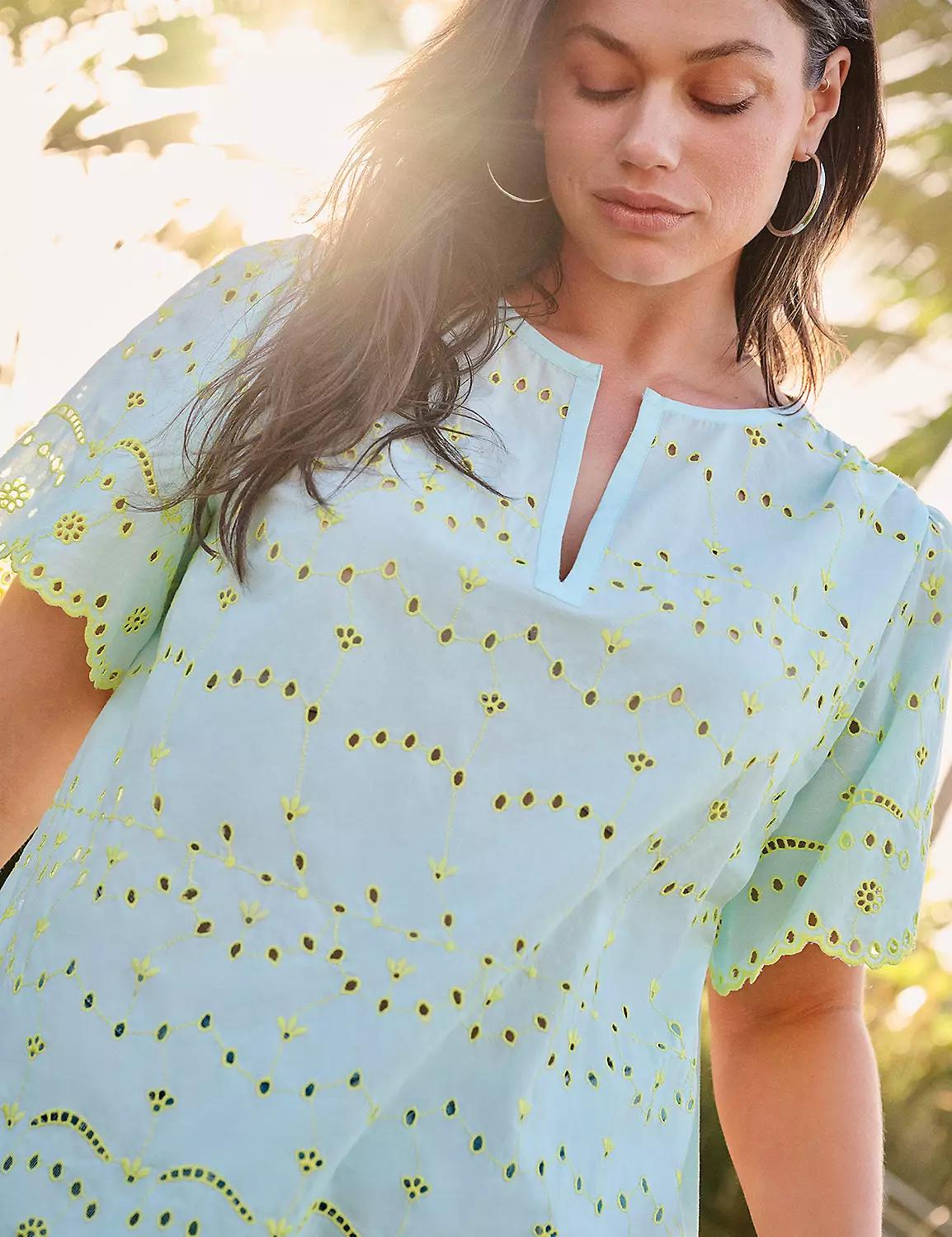 Eyelet Flutter-Sleeve Notch-Neck Top Product Image