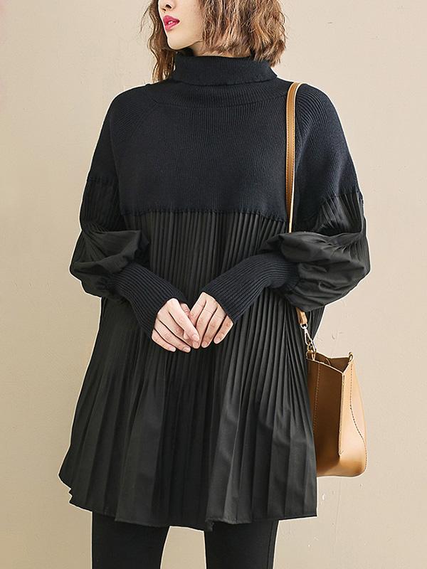 Knitting Pleats Split-Joint High-Neck Pullover Top Product Image