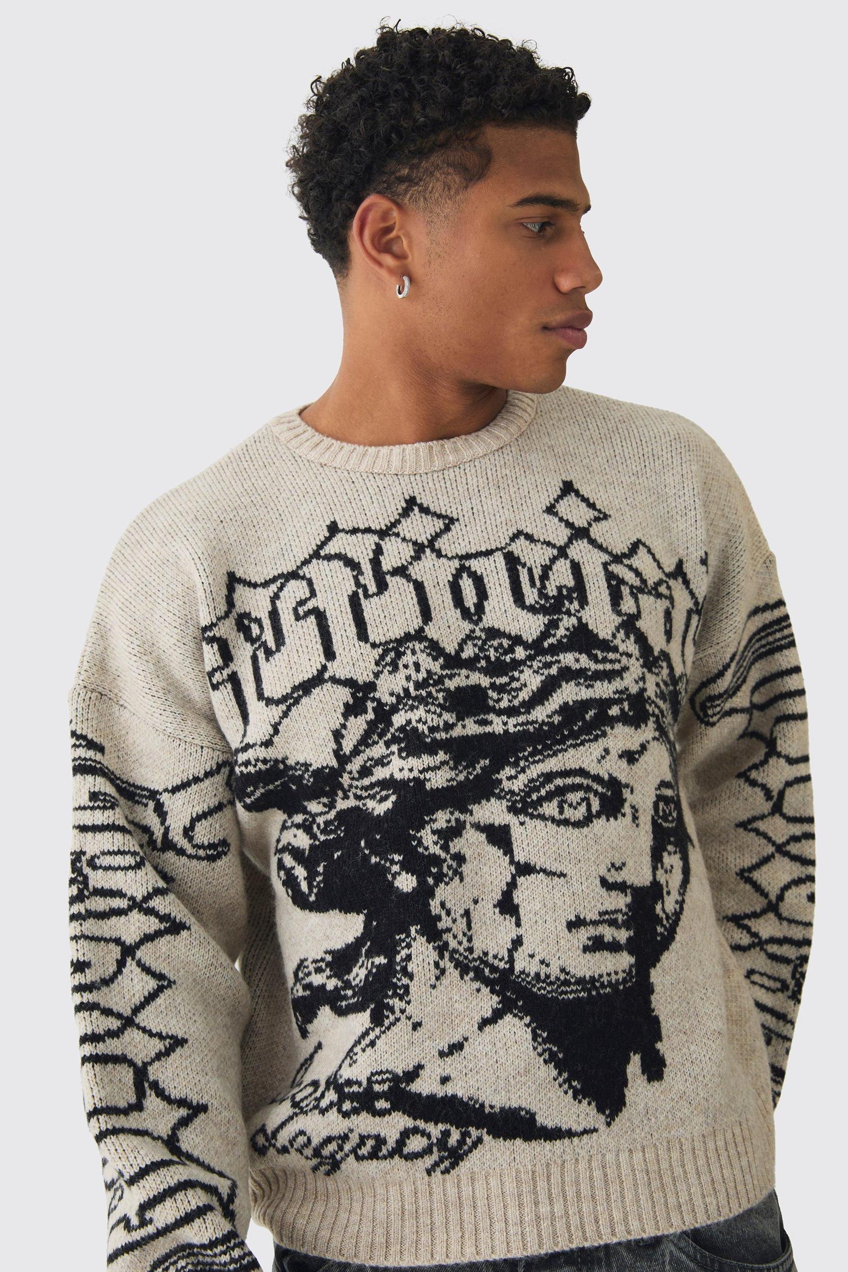 Oversized Boxy Brushed Mono Renaissance Knitted Sweater | boohooMAN USA Product Image