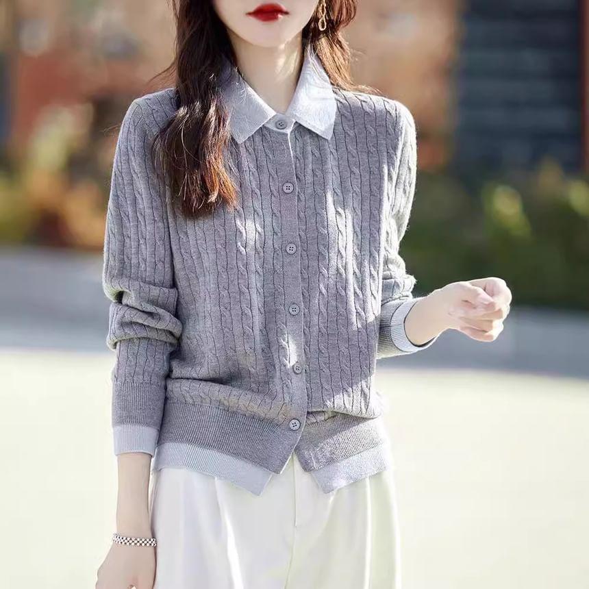Collar Two Tone Cable-Knit Cardigan Product Image