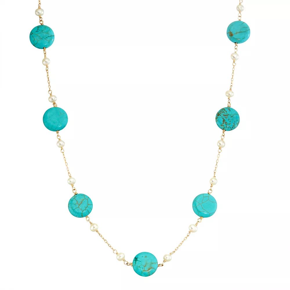 14k Gold Turquoise & Freshwater Cultured Pearl Station Necklace, Women's, Size: 18", Blue Product Image