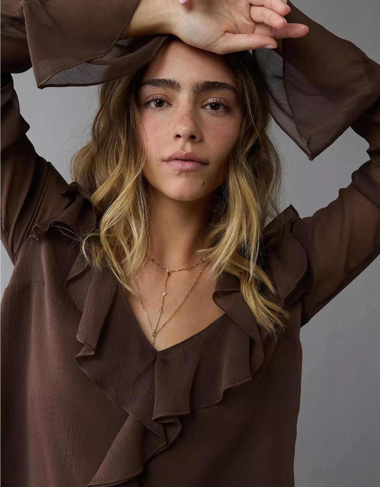 AE Chiffon Bell Sleeve Ruffle Blouse Product Image