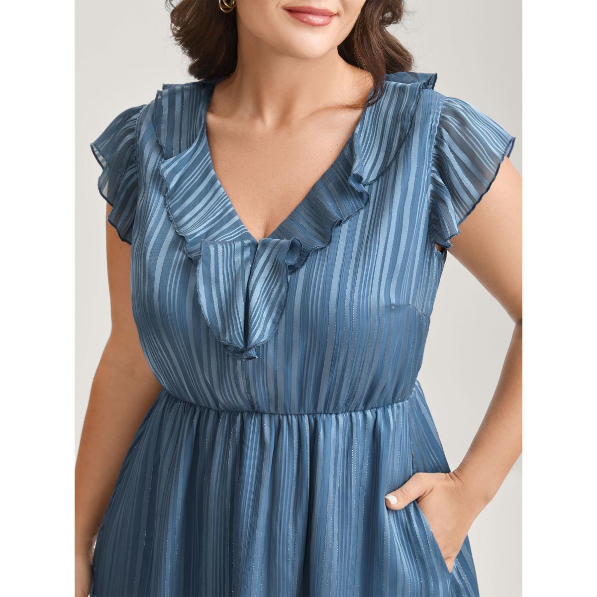 Plus Size Textured Stripe Ruffled Neck Midi Dress Stone Women V-neck Cap Sleeve Curvy BloomChic 10/M Product Image