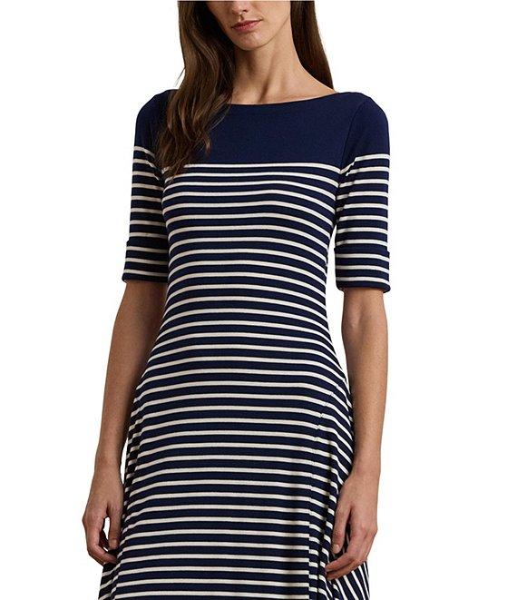 Lauren Ralph Lauren Stripe Print Knit Boat Neck Elbow Length Sleeve Side Panel Fit & Flare Midi Dress Product Image