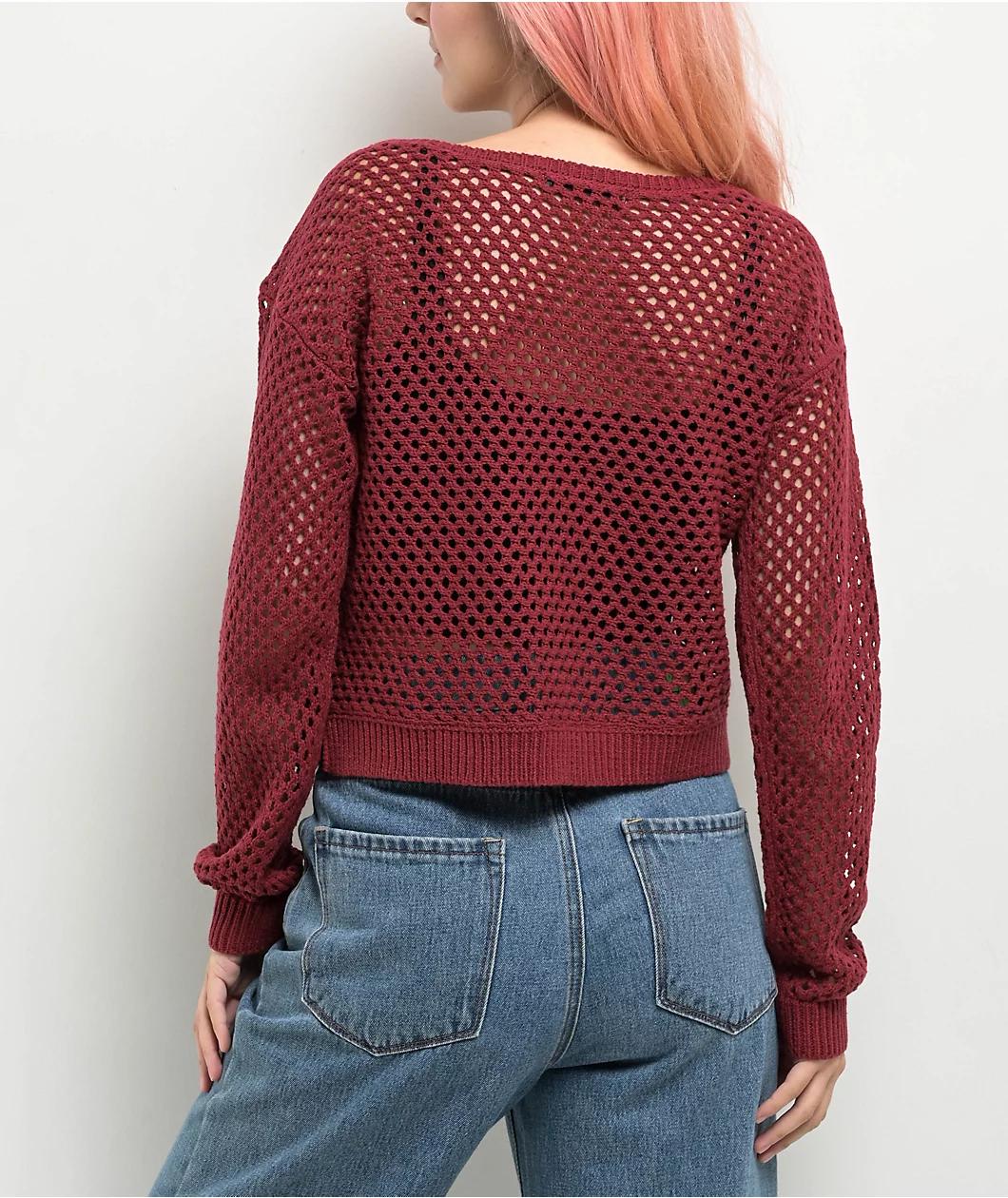 Spicychix Burgundy Open Knit Long Sleeve Crop Sweater Product Image