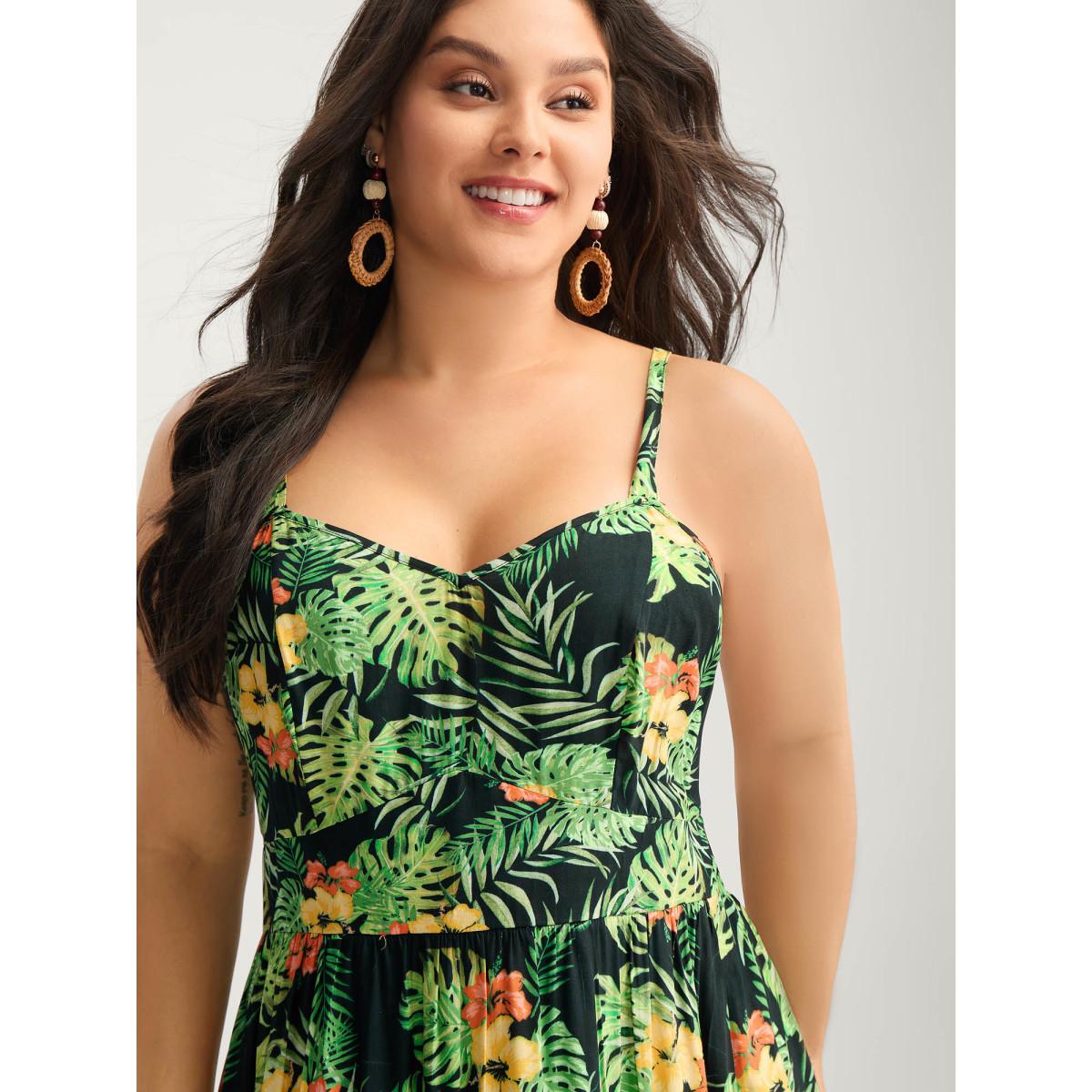 Plus Size Breezy Tropics Shirred Waist Midi Dress Multicolor Women V-neck Sleeveless Curvy BloomChic 26/4X Product Image