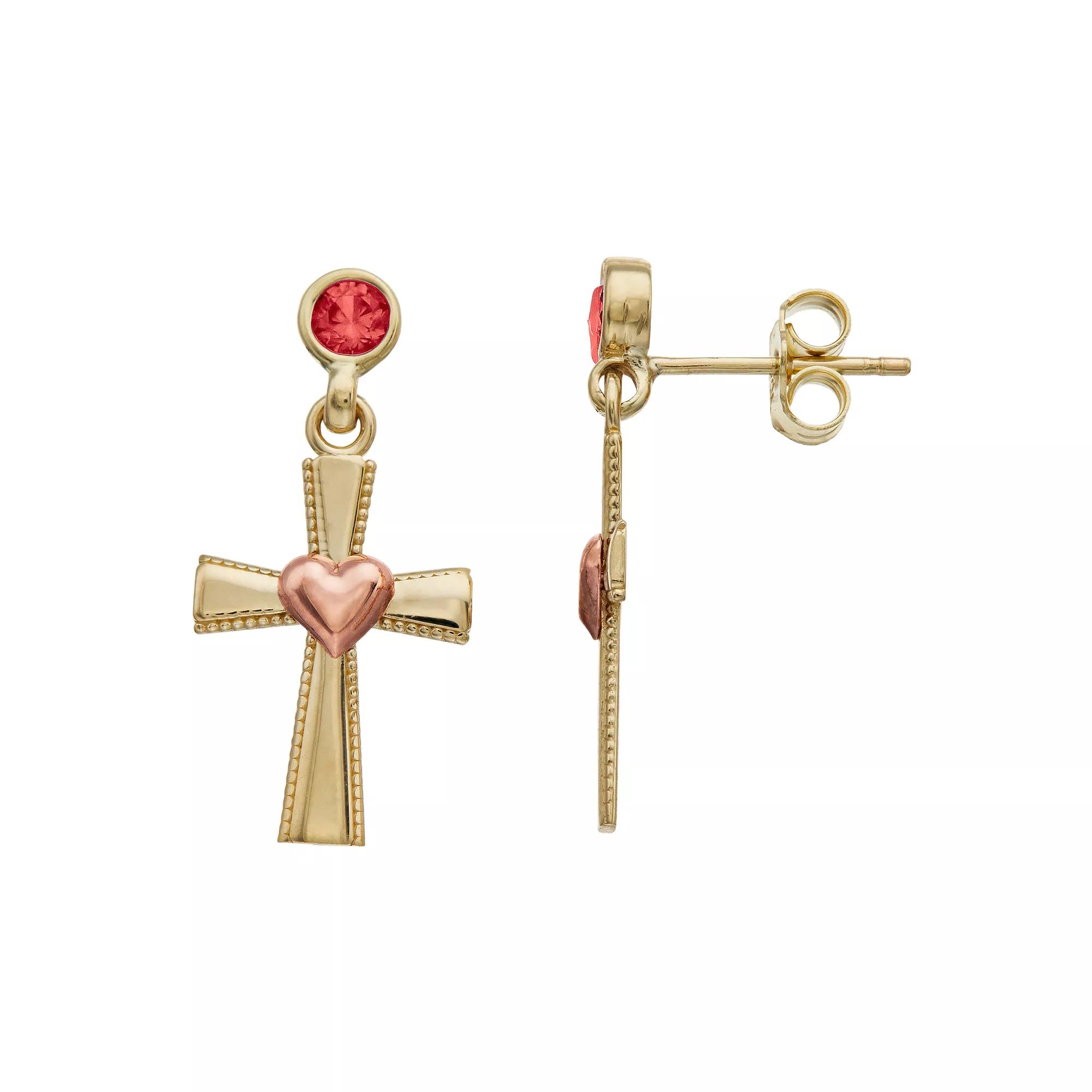 Kristen Kesho 10k Gold Lab-Created Gemstone Birthstone Heart Cross Dangle Earrings, Womens Product Image