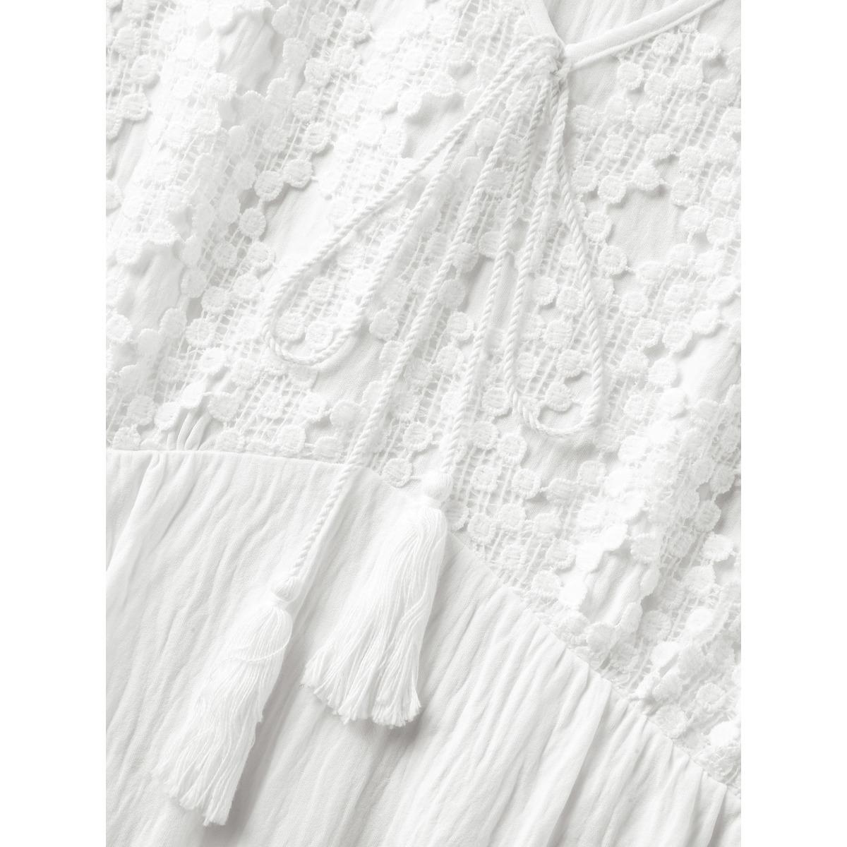 Plus Size Sheer Lace Sleeve Pockets Flowy Midi Dress Ivory Women V-neck Elbow-length sleeve Curvy BloomChic 10/M Product Image