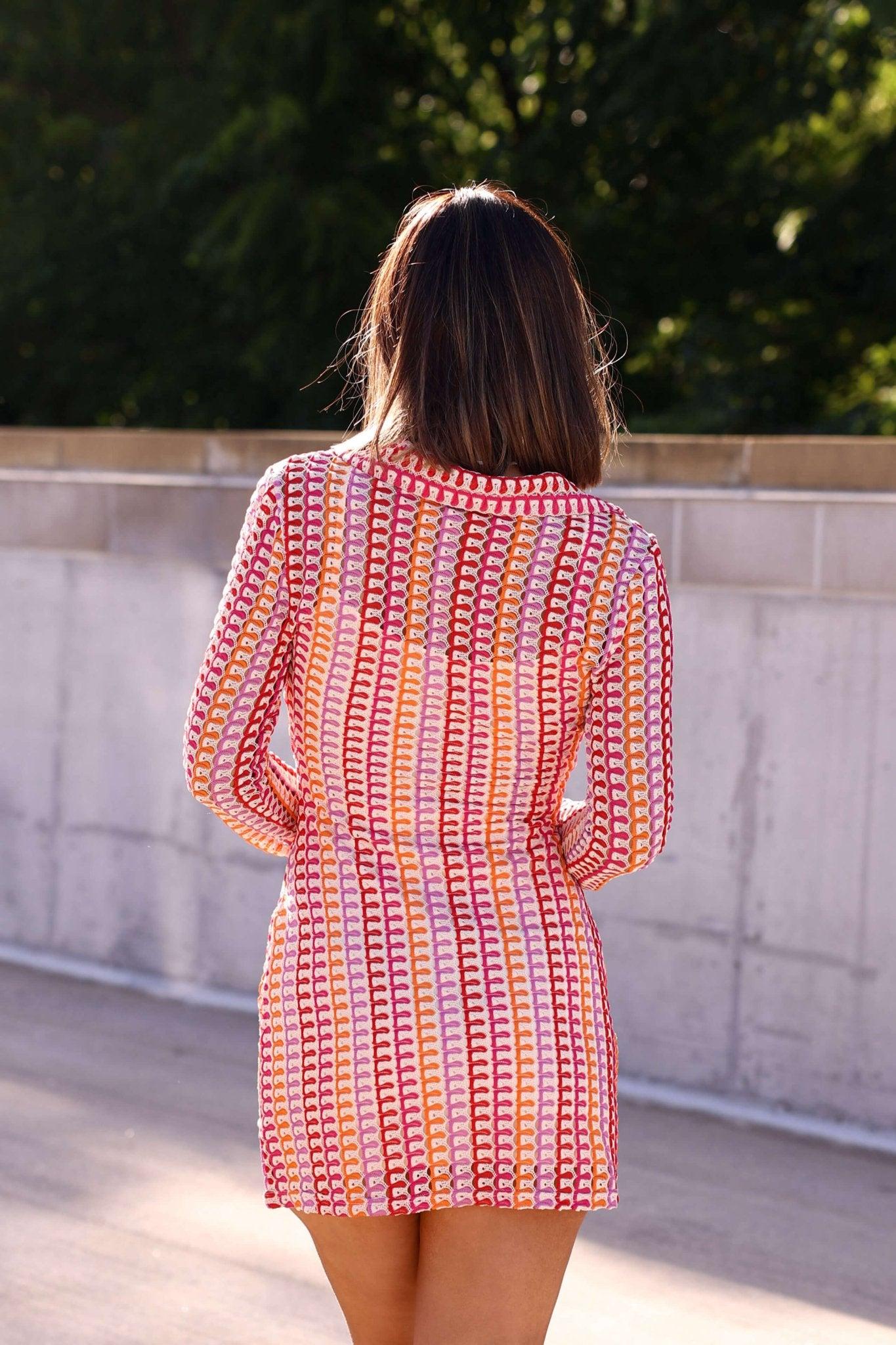 Fuchsia Multi Striped Crochet Mini Dress - DOORBUSTER Product Image