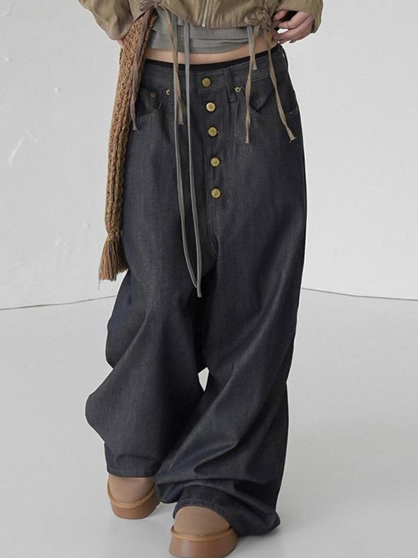 Vintage Style Single-Breasted Design Boyfriend Jeans Product Image