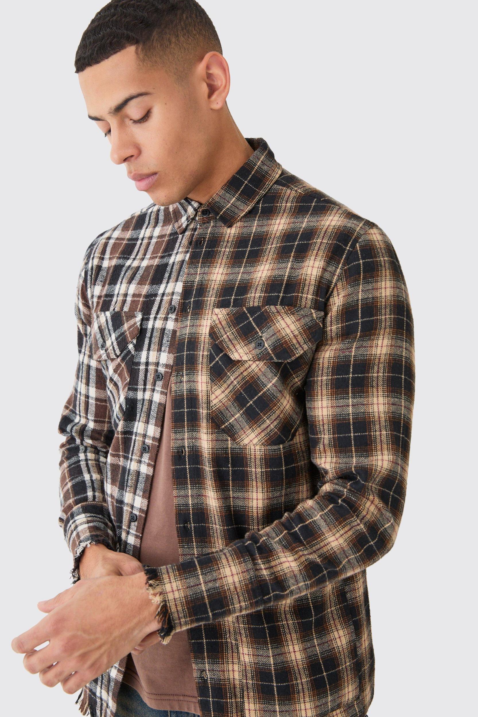Spliced Frayed Flannel Shirt | boohooMAN USA Product Image