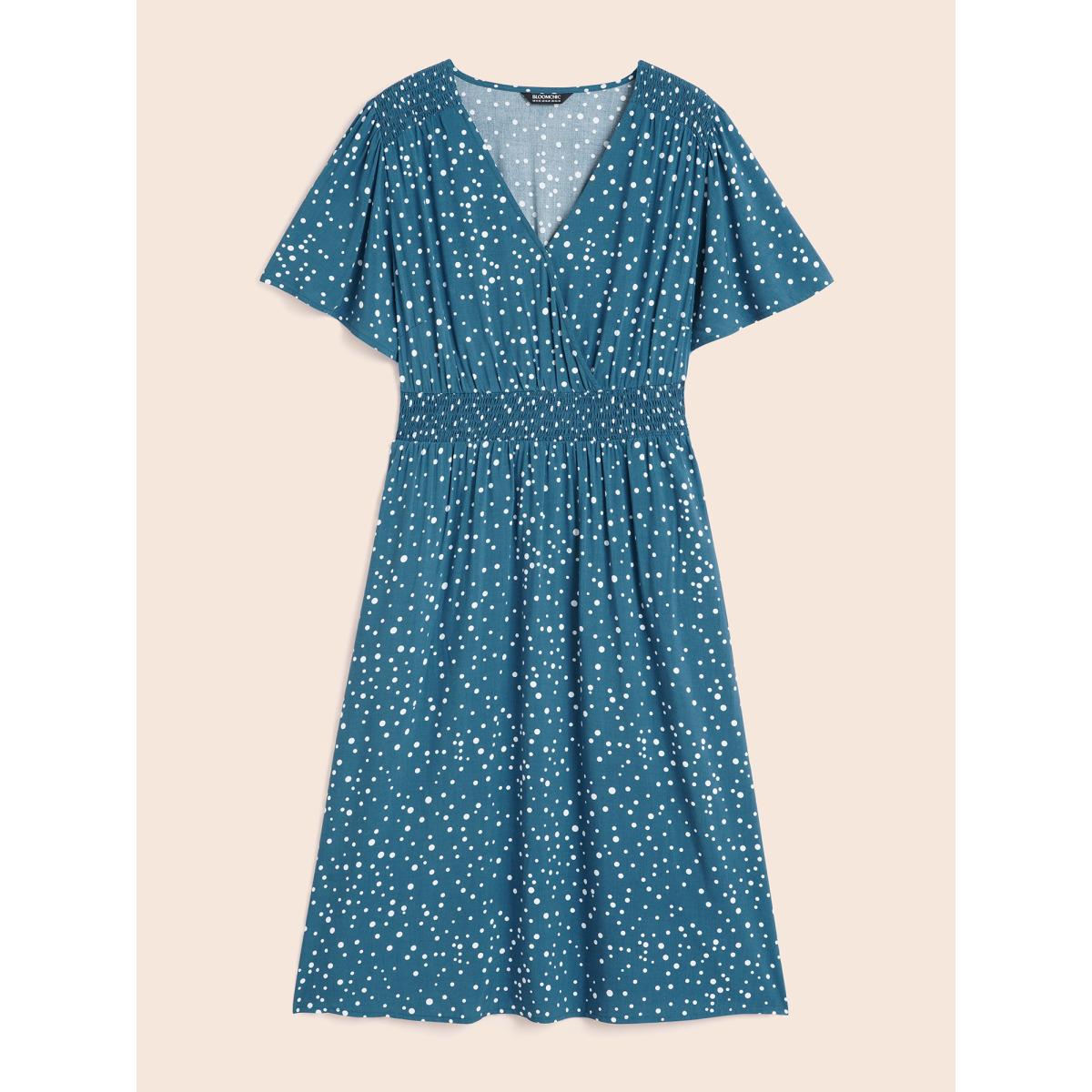 Plus Size Polka Dot Wrap Pocket Shirred Ruffle Sleeve Dress Aegean Women Timeless Patchwork Curvy Midi Dress BloomChic 18-20/2X Product Image