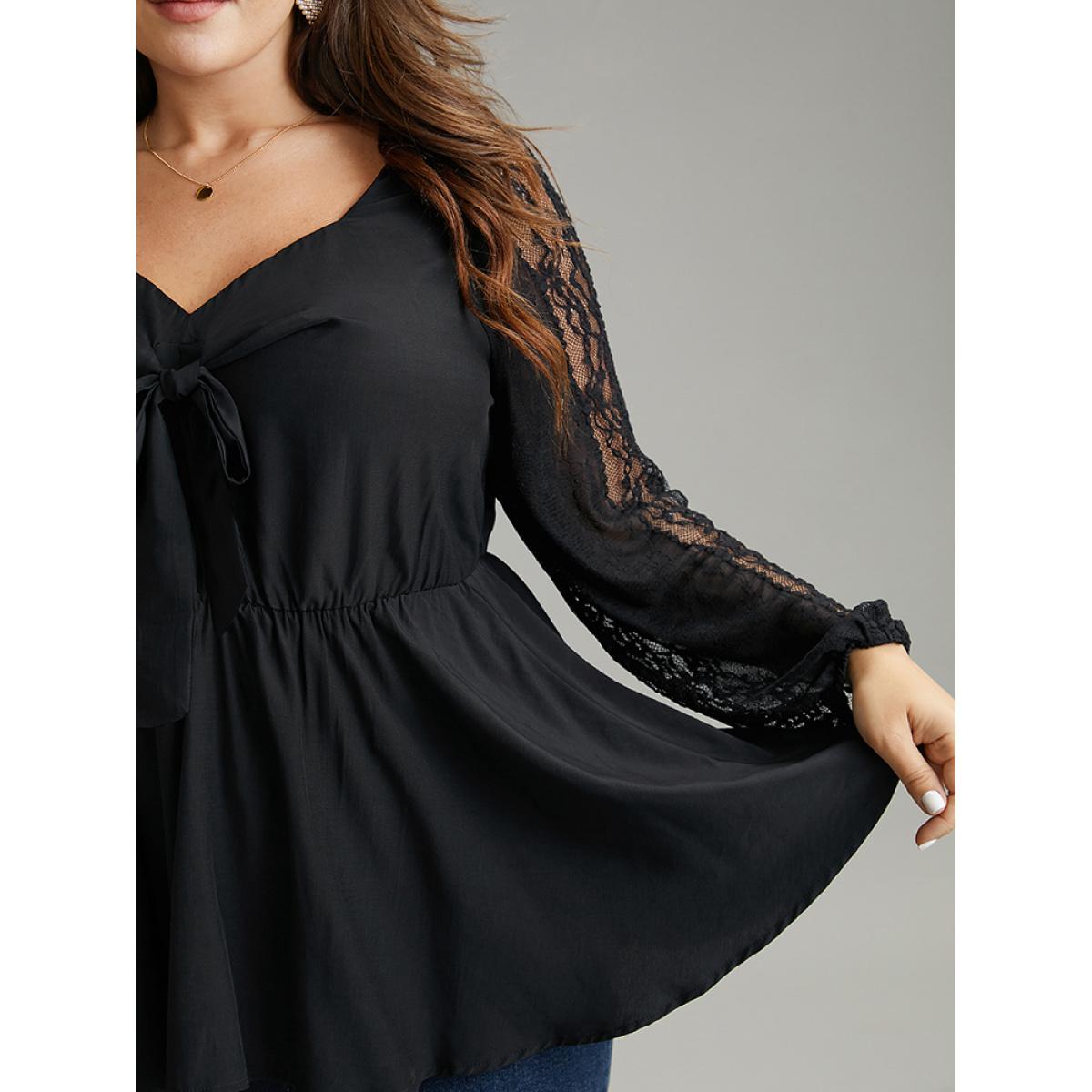 Plus Size Black Crochet Lace Bowknot Elastic Waist Blouse Women Elegant Long Sleeve Square Neck Dailywear Blouses BloomChic 30/6X Product Image