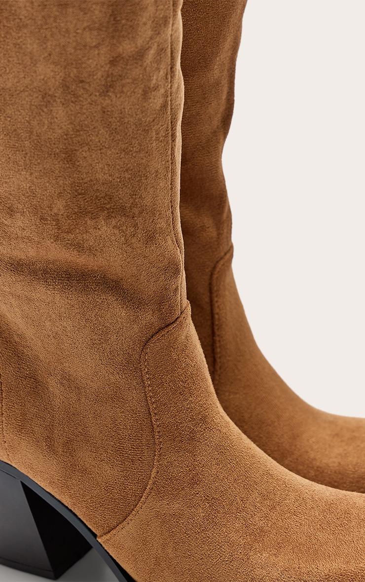 Tan Faux Suede Square Toe High Block Heel Knee High Boots Product Image