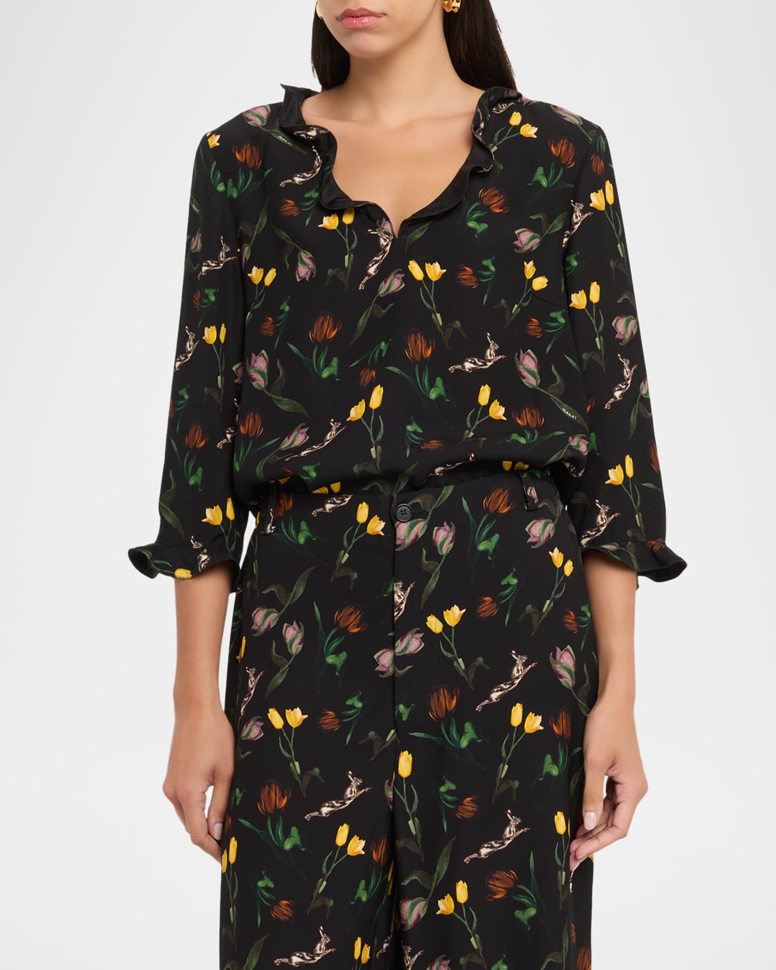 Floral Ruffle V-Neck 3/4-Sleeve Top Product Image