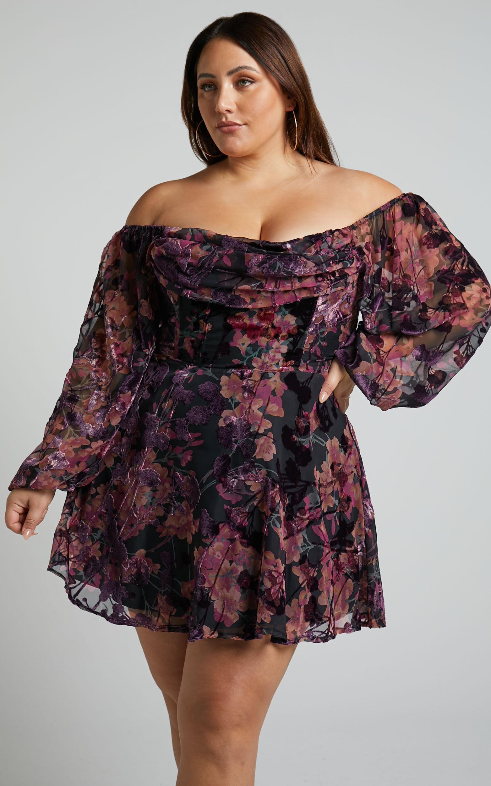 Jessell Mini Dress - Long Sleeve Cowl Corset Dress in Burnt Out Floral Product Image
