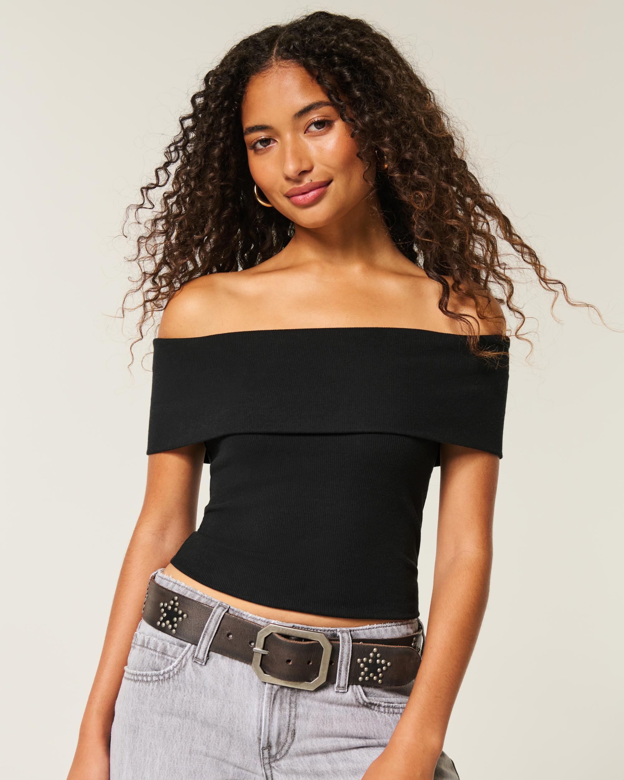 Ribbed Off-the-Shoulder Foldover Top Product Image