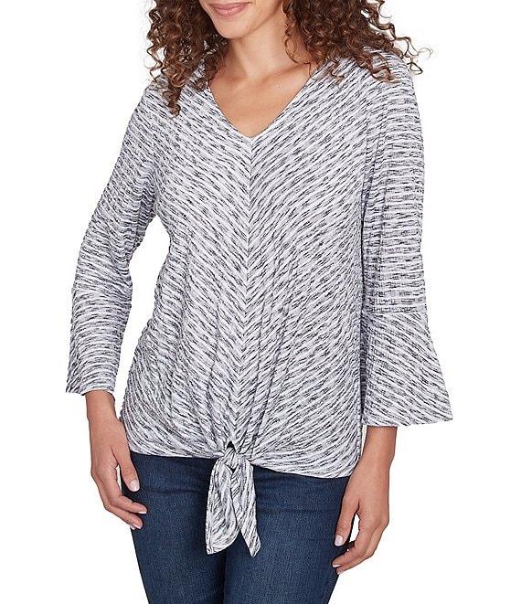 Ruby Rd. Puckered Knit Stripe V-Neck 3/4 Sleeve Tie-Front Top Product Image