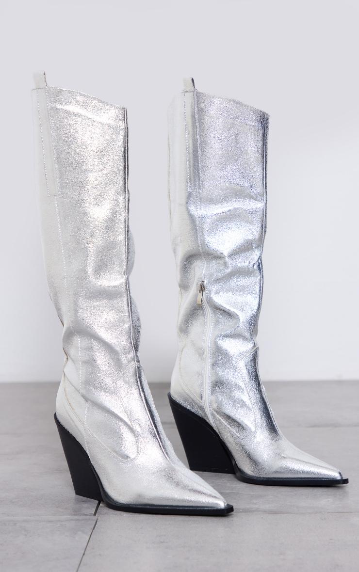 Silver Metallic Western Pointed Wedge Heeled Knee Boots Product Image