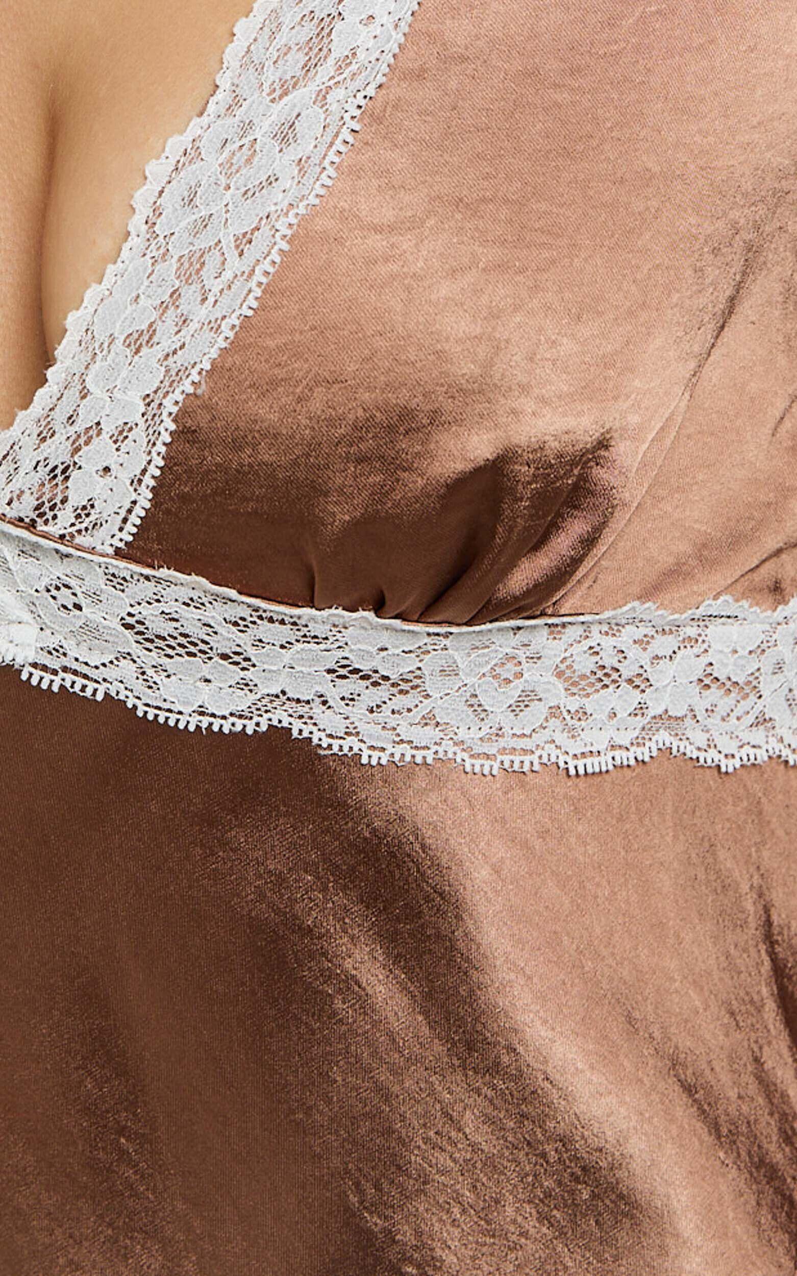 Carmela Midi Dress - Long Sleeve V Neck Lace Detail Dress in Chocolate Product Image