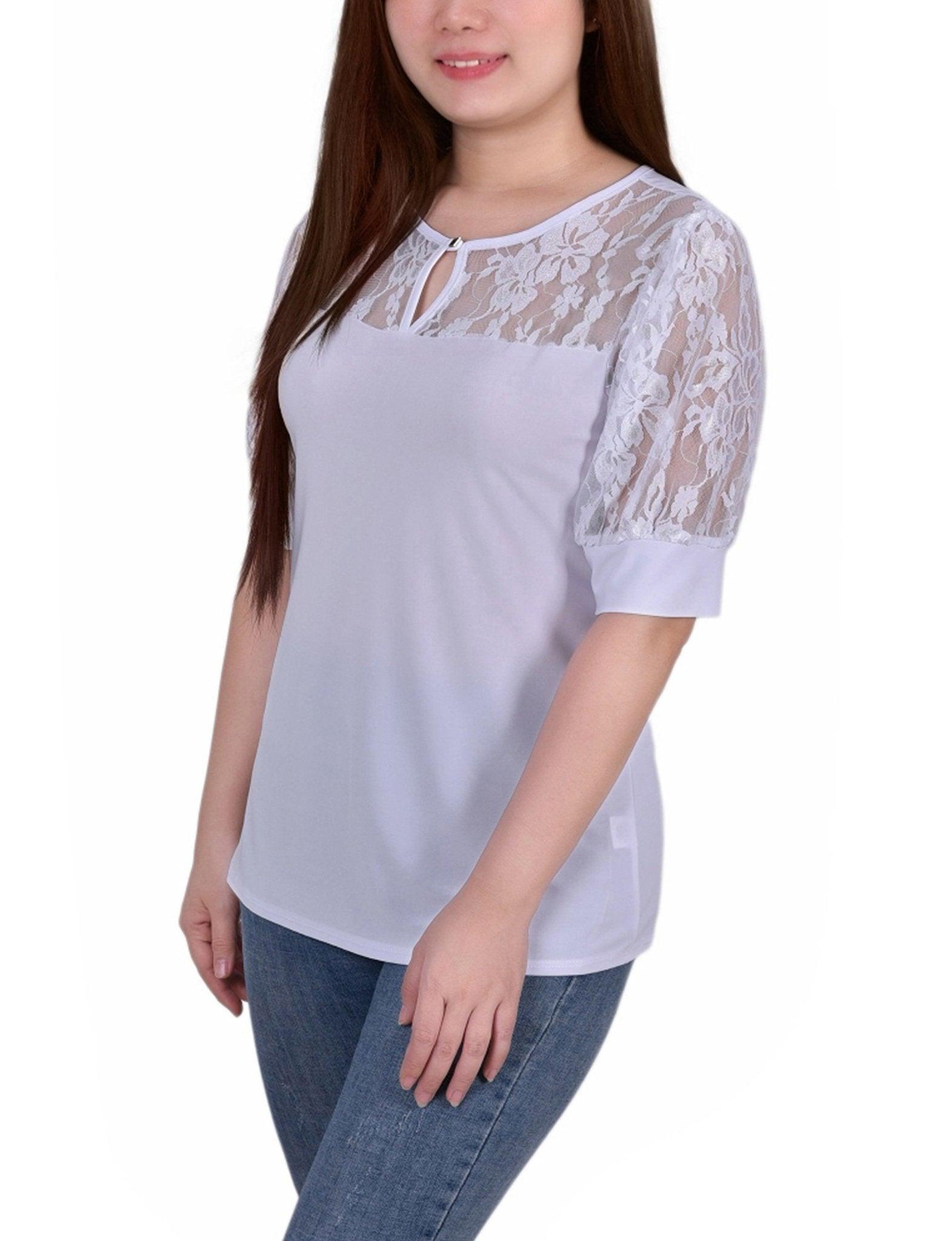 White Short Puff Sleeve Top With Lace Sleeves And Yoke Product Image