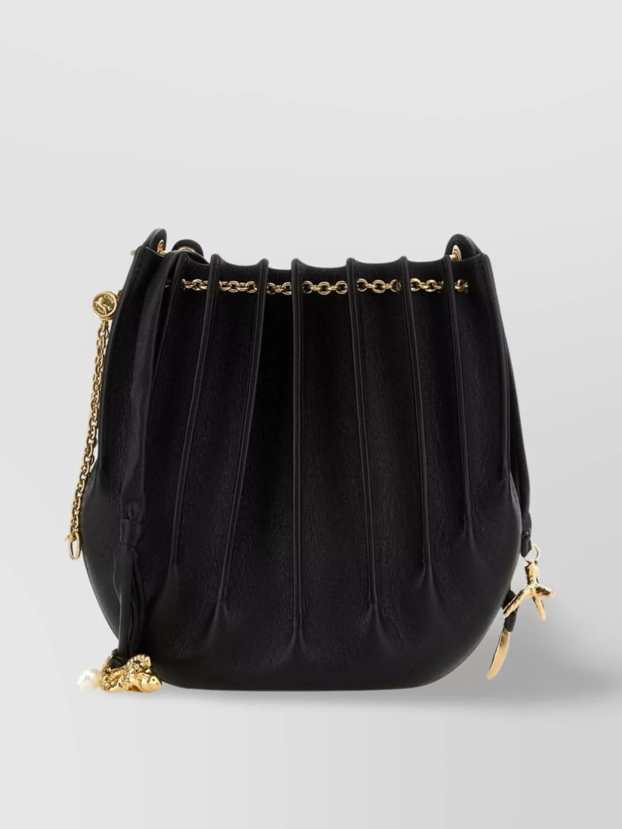 CHLOÉ Sea Treasures Embellished Pleated Leather Shoulder Bag In Black Product Image