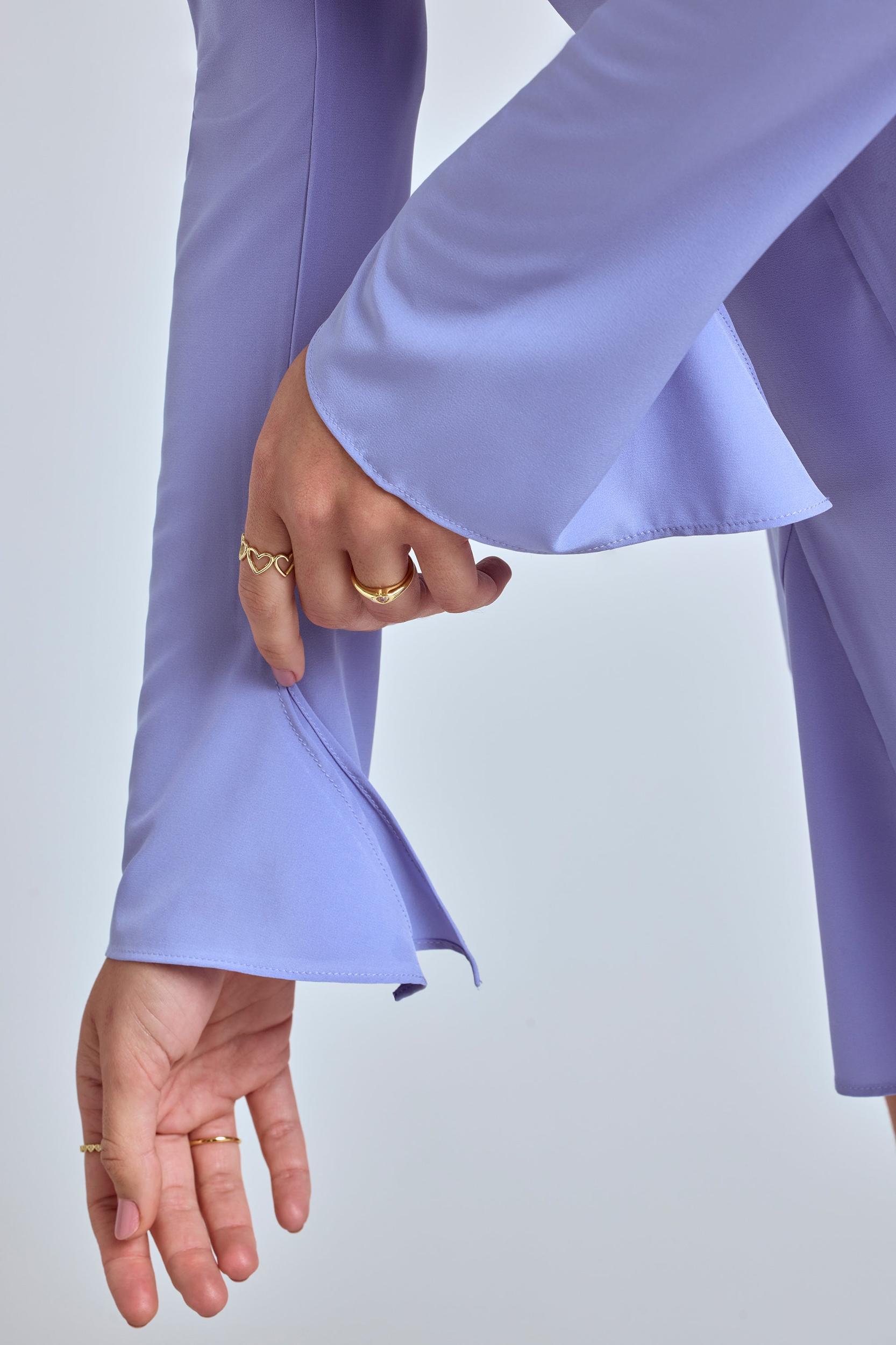 Long Sleeve Godet Mini Dress in Blue Lavender Product Image