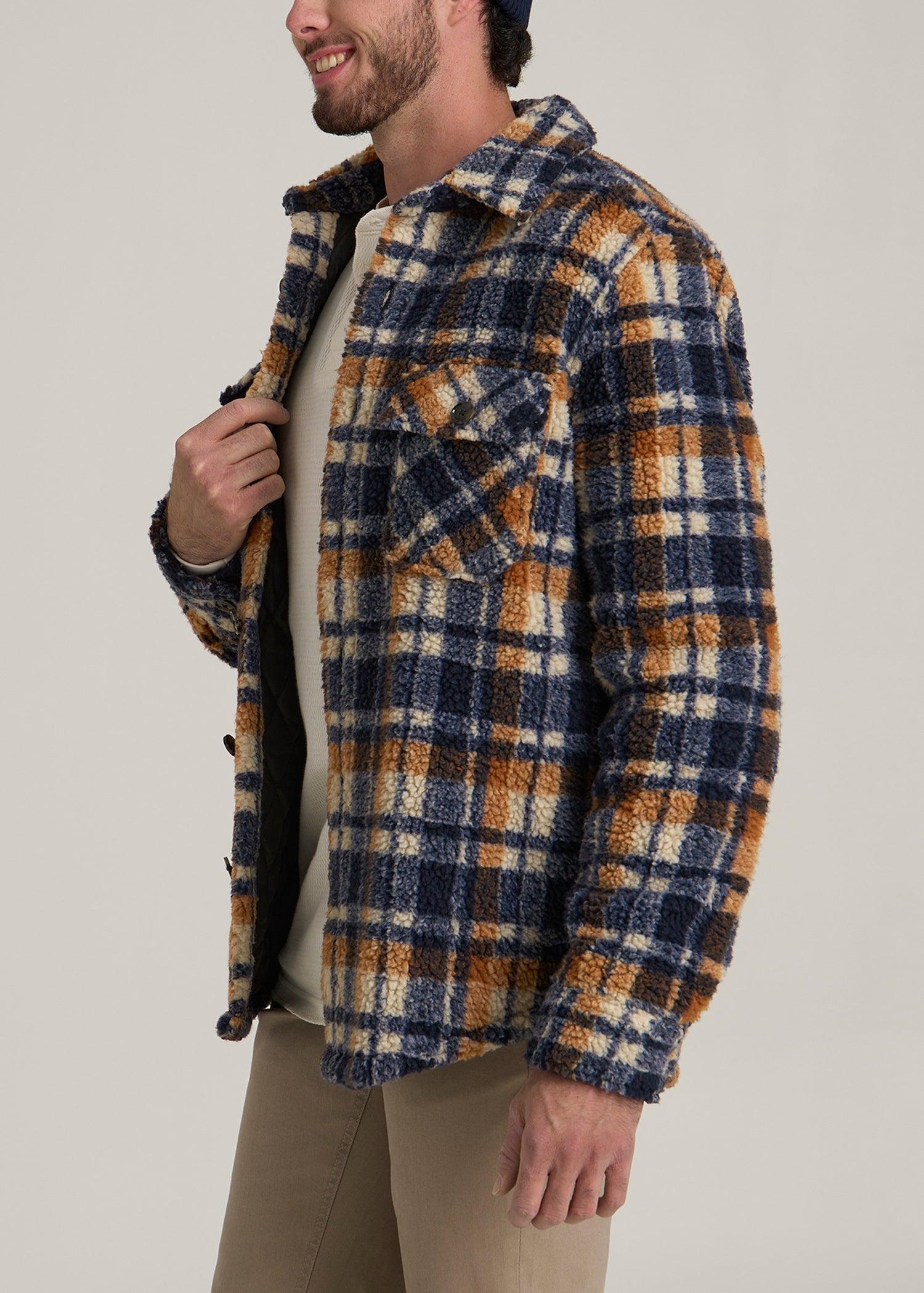 Sherpa Shirt Jacket for Tall Men in Dark Blue and Orange Plaid Male Product Image