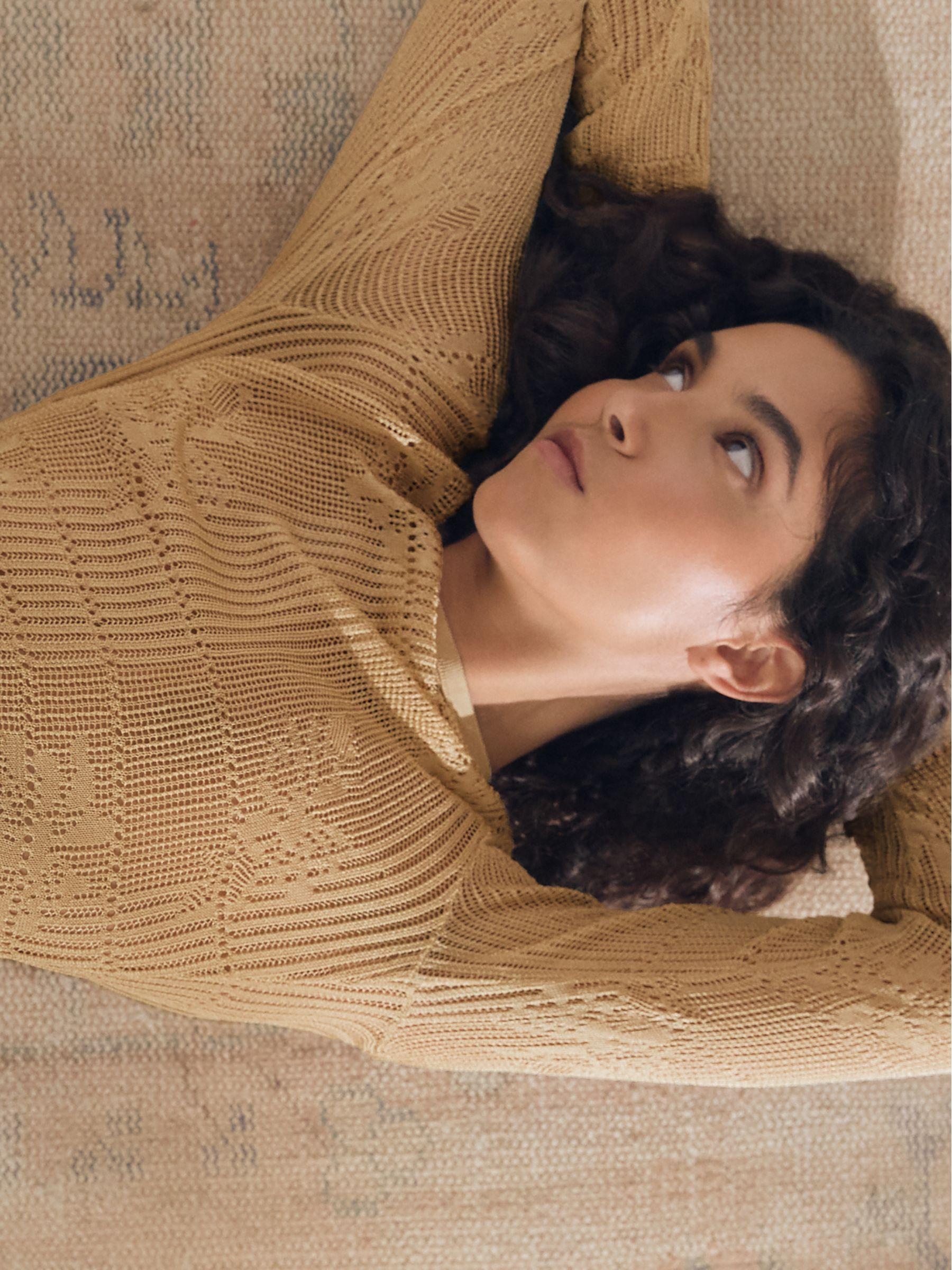 Lace-Knit Ruched Maxi Dress in Gold Product Image