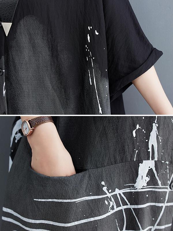 Half Sleeves Loose Printed Lapel Midi Dresses Product Image