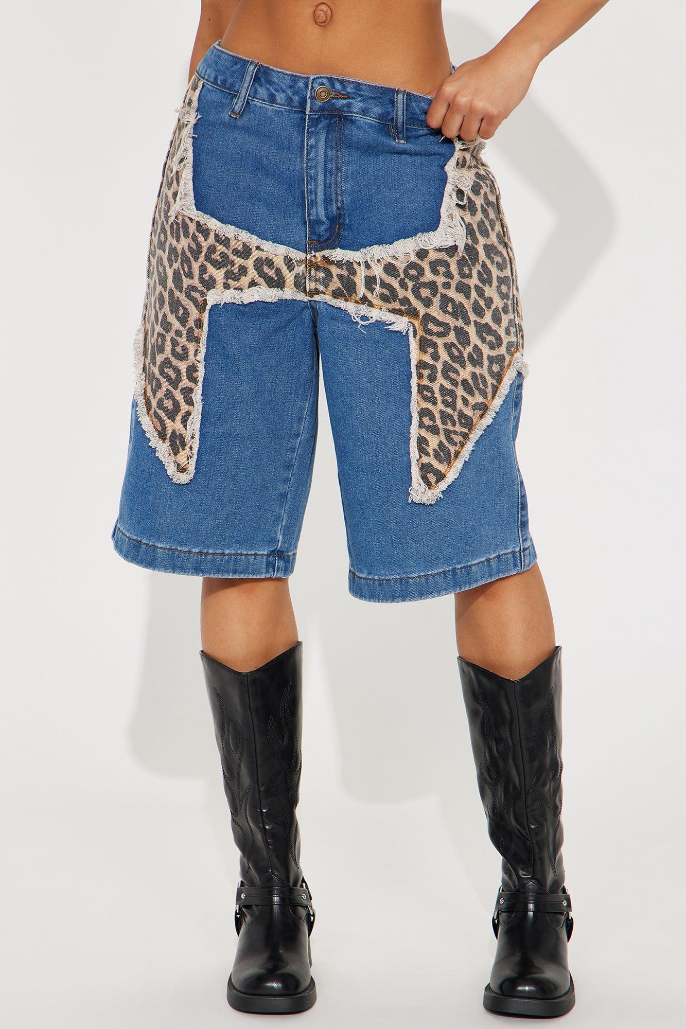 Spotted Soul Leopard Denim Jorts - Medium Wash Female Product Image