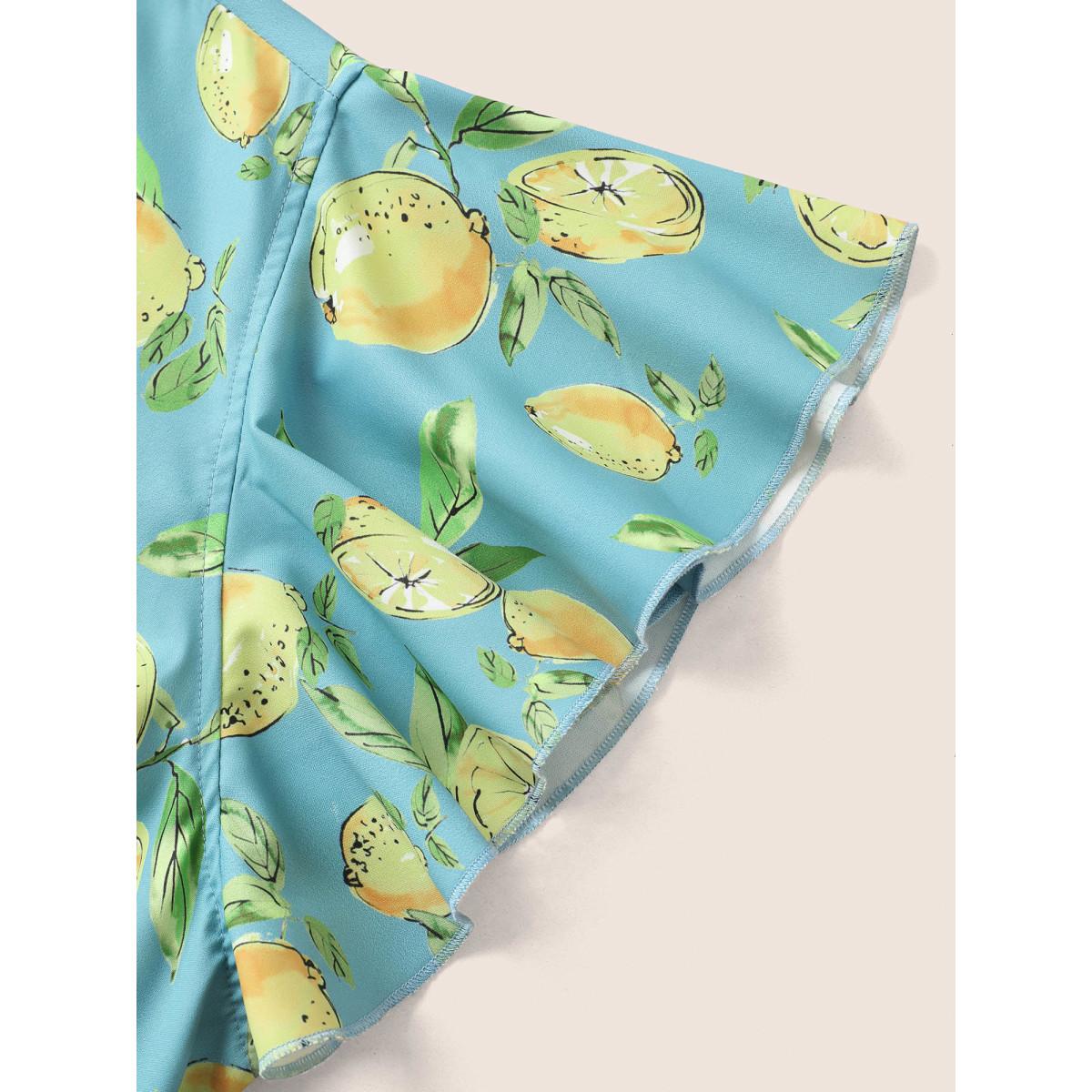 Plus Size Citrus Lemon Print Ruffle Cap Sleeve Belted Dress Blue Women Elegant Belted V-neck Cap Sleeve Curvy Midi Dress BloomChic 18-20/2X Product Image