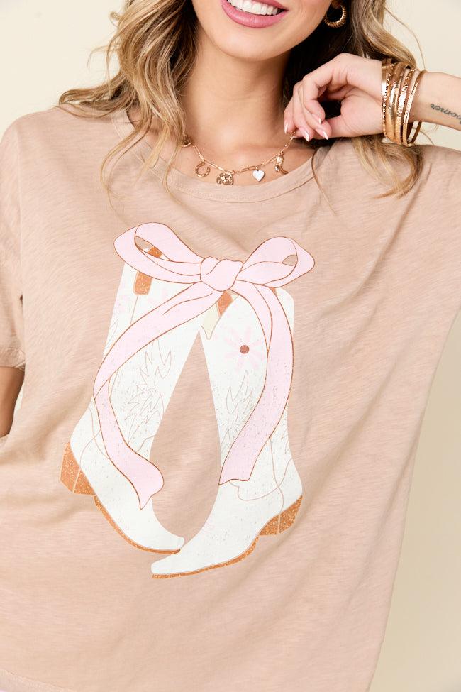 Bow On The Boots Taupe Split Hem Graphic Tee Product Image