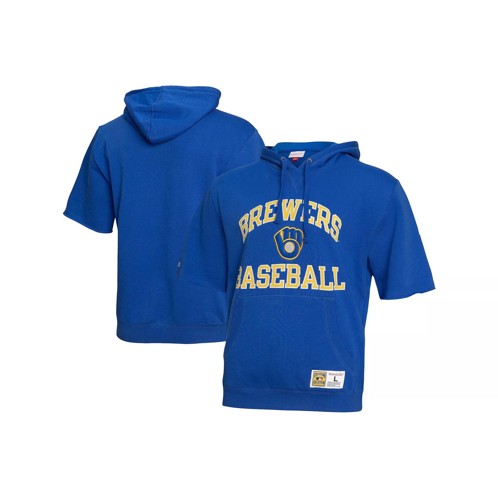 Men's Mitchell & Ness Royal Milwaukee Brewers Cooperstown Collection Washed Fleece Pullover Short Sleeve Hoodie, Size: Large, Blue Product Image