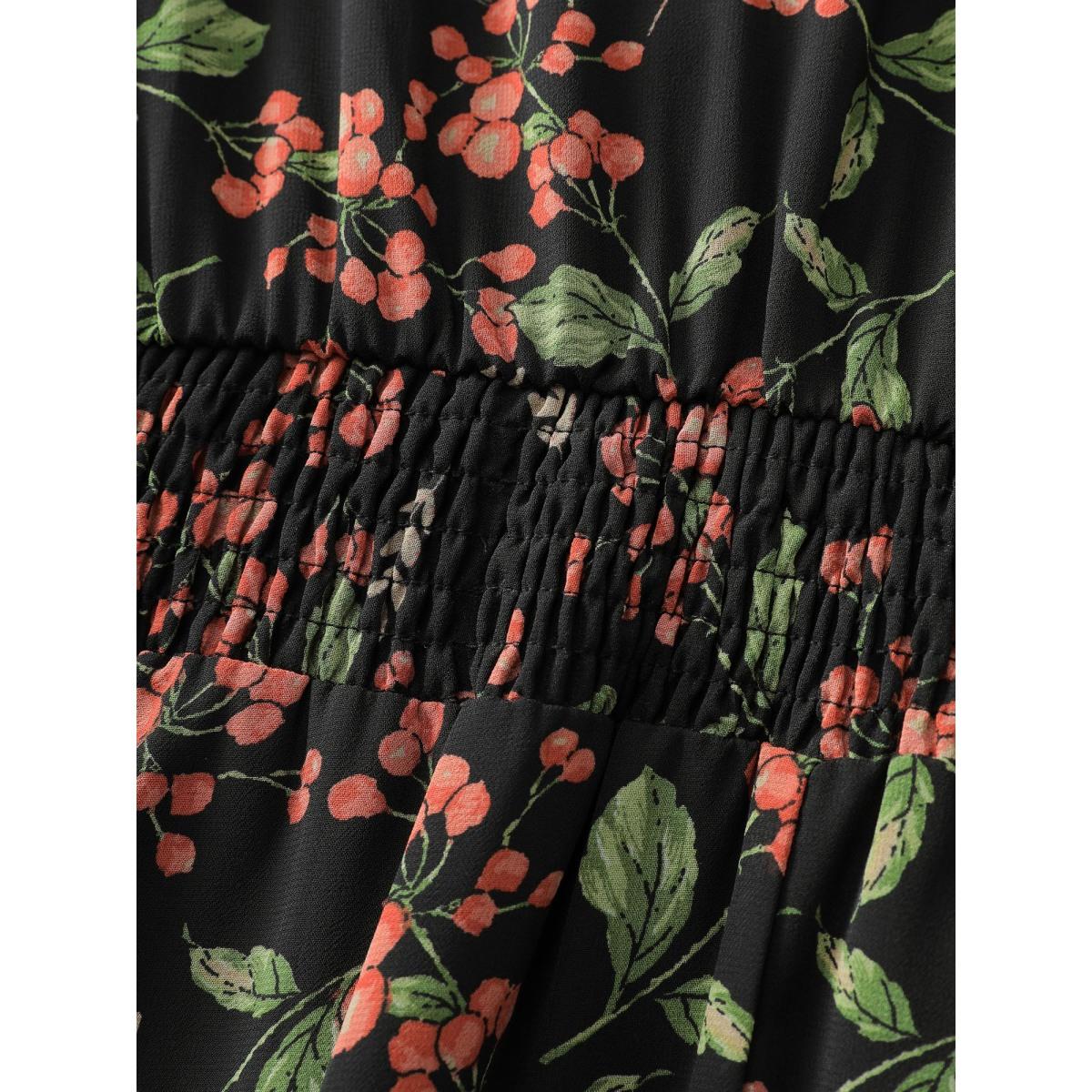 Plus Size Chiffon Floral Ruffled Trim Pockets Midi Dress Black Women Romantic Overlapping Overlap Collar Long Sleeve Curvy BloomChic 10/M Product Image