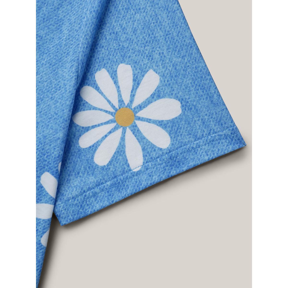 Plus Size Stretchy Floral Print Round Neck T-shirt LightBlue Women Playful Non Natural Flowers Round Neck Casual T-shirts BloomChic 10/M Product Image