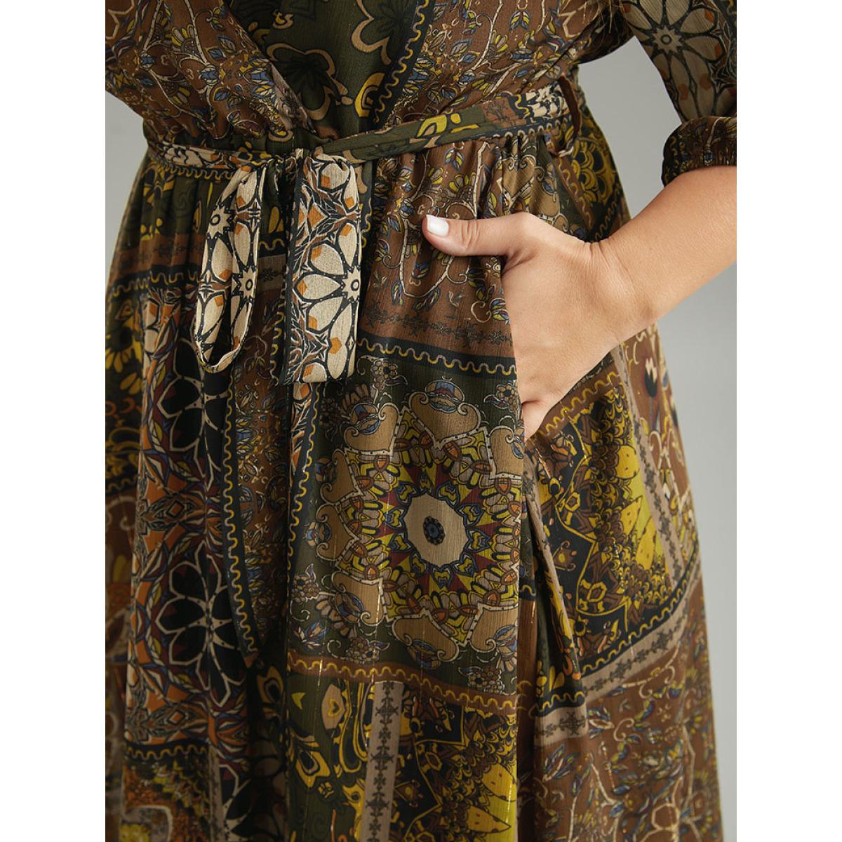 Plus Size Boho Print Wrap Elastic Waist Belted Dress LightBrown Women Vacation Elastic cuffs V-neck Elbow-length sleeve Curvy Midi Dress BloomChic 14-16/1X Product Image