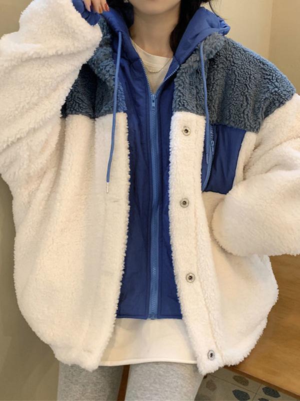 Patchwork Button Down Fleece Hooded Jacket Product Image