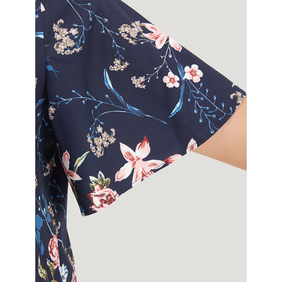 Plus Size Indigo Floral Print V Neck Ruffle Sleeve Twist Hem Blouse Women Elegant Half Sleeve V-neck Dailywear Blouses BloomChic 28/5X Product Image