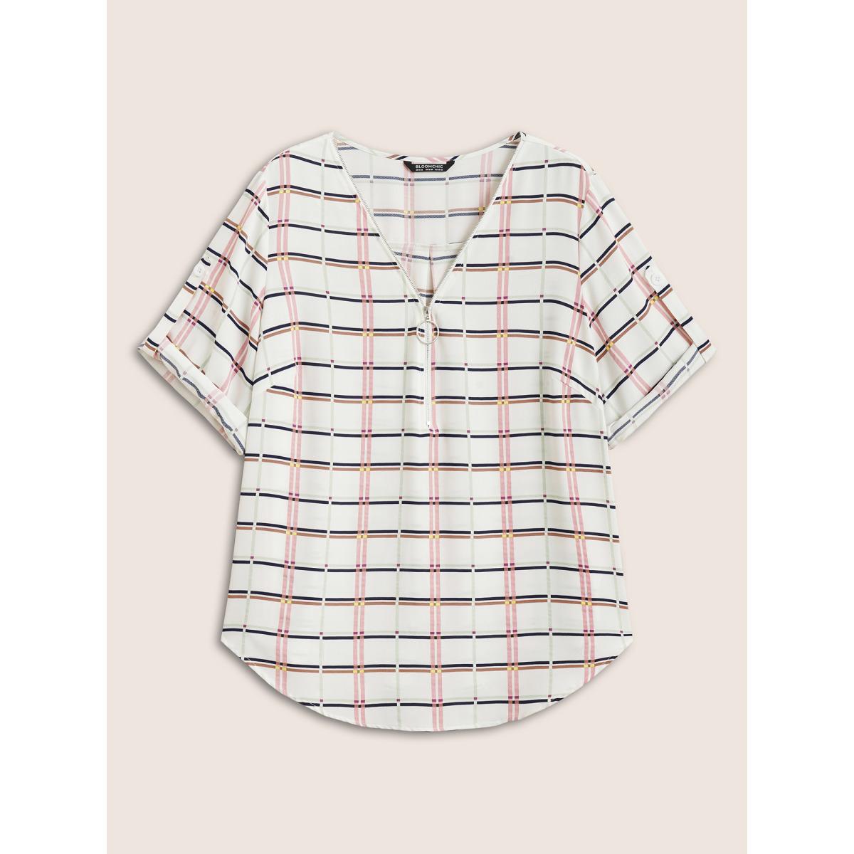 Plus Size White Plaid O Ring Zipper Tab Sleeve Blouse Women Work From Home Elbow-length sleeve V-neck Work Blouses BloomChic 30/6X Product Image