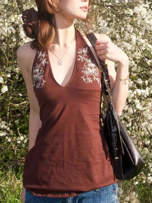 Retro Floral Print Halter Cami Top Product Image