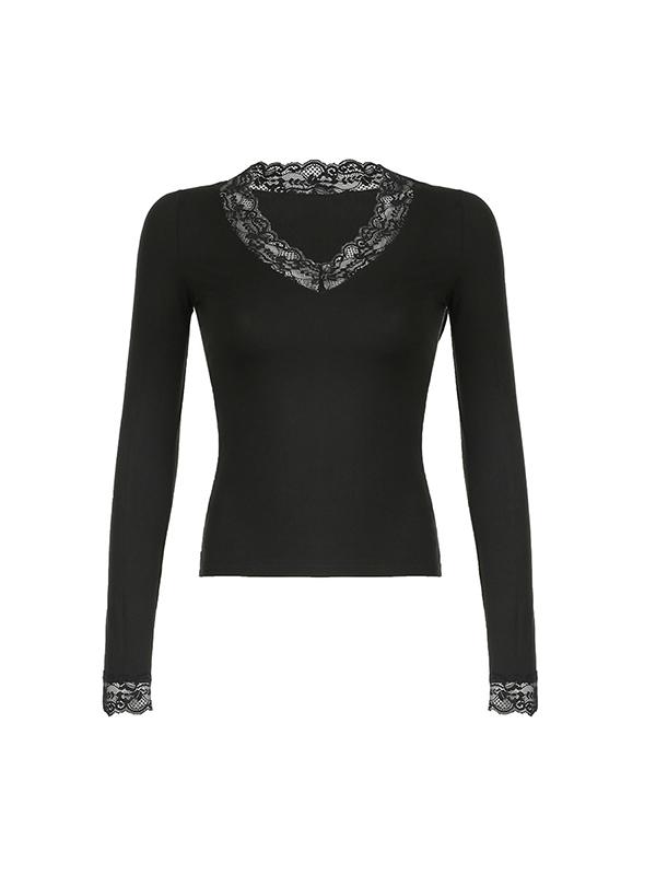 V Lace Stitching Long Sleeve Tee Product Image