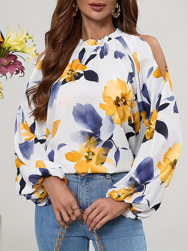 Long Sleeves Loose Elasticity Flower Print Pleated Cold Shoulder Blouses&Shirts Tops Product Image