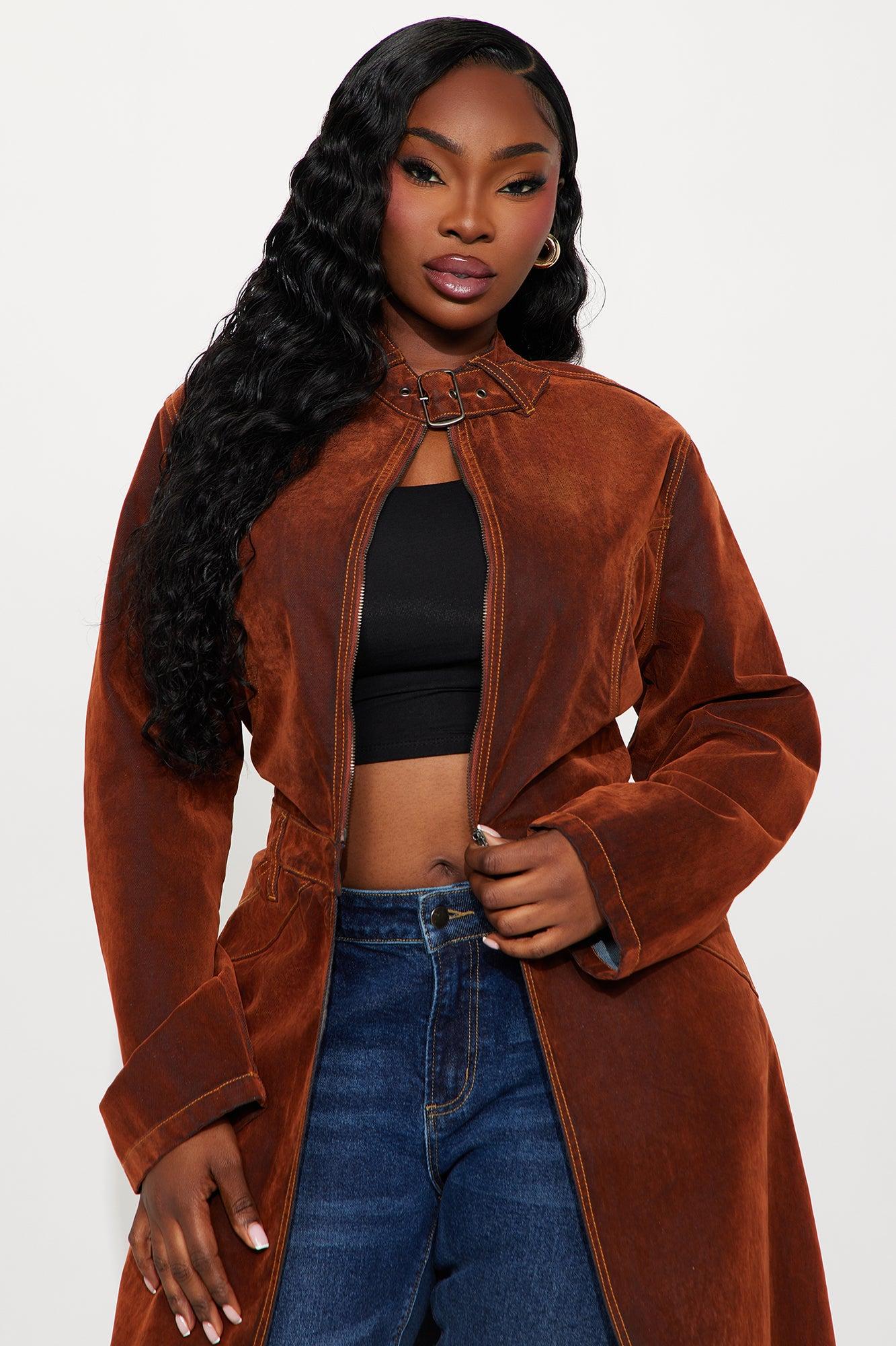 Take A Chance Flocked Denim Trench - Brown Female Product Image