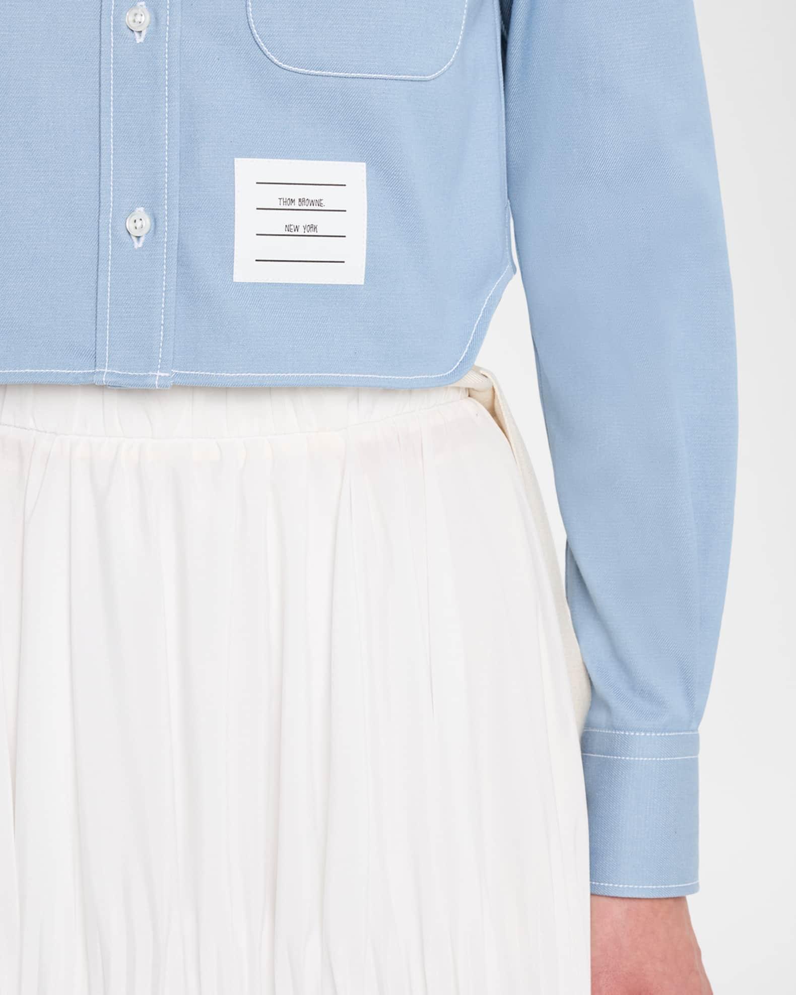 Long-Sleeve Denim Crop Button-Down Shirt Product Image