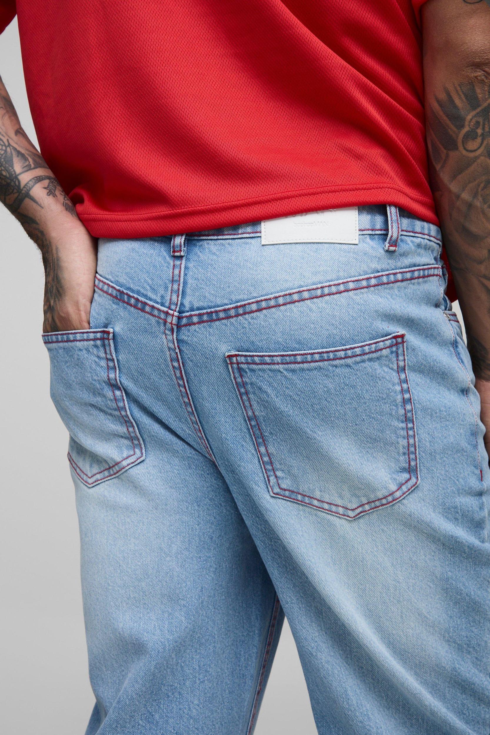 Tall Straight Rigid Contrast Stitch Jeans | boohooMAN USA Product Image