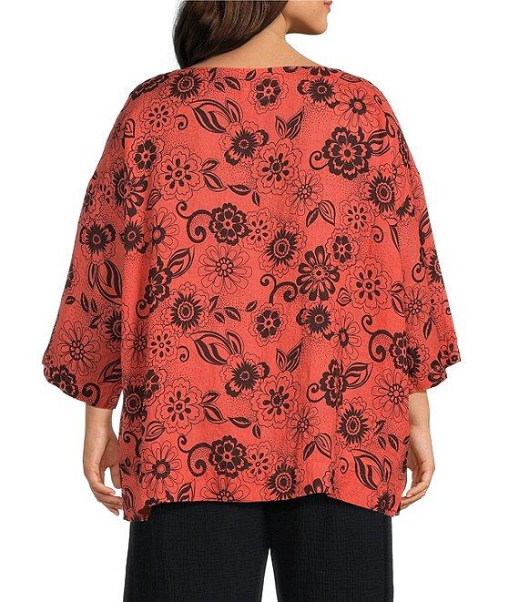 Bryn Walker Plus Resort Floret Print Round Neck 3/4 Sleeve Shirt Product Image